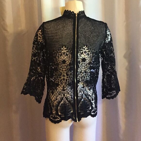 NWOT medium size crocheted black top with back gold statement zipper - Picture 8 of 10